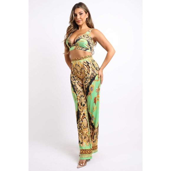 Women's Printed Sleeveless Crop Top And Matching Flare Pants Party Outfit Set - Picture 7 of 13